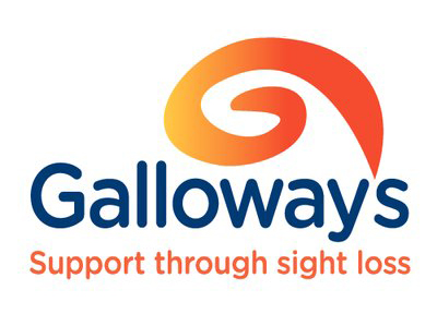 Galloways logo featuring an orange and red swirl above the word ‘Galloways’ in bold blue letters, with the tagline ‘Support through sight loss’ in orange below.