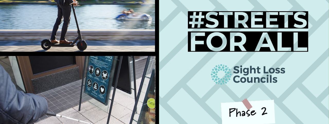 Streets for all - Phase 2 Graphic, image of a man riding an e-scooter in top left and a person holding a cane, approaching two obstructive a-boards.