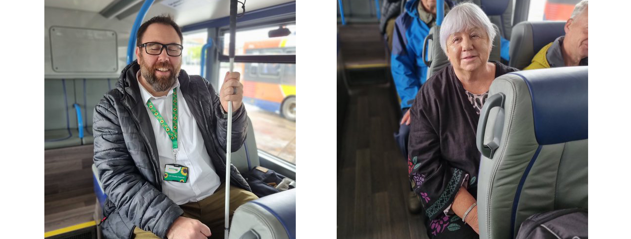 Two photos side by side of two different Meet the Bus event attendees sat on a bus.