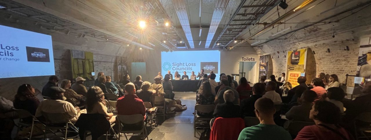 Image taken from behind the audience, looking forward to the panel of guests speakers. There is a large white screen behind the speakers which says: Sight Loss Councils, with a small black box to the side which says "RIP Her Majesty."
