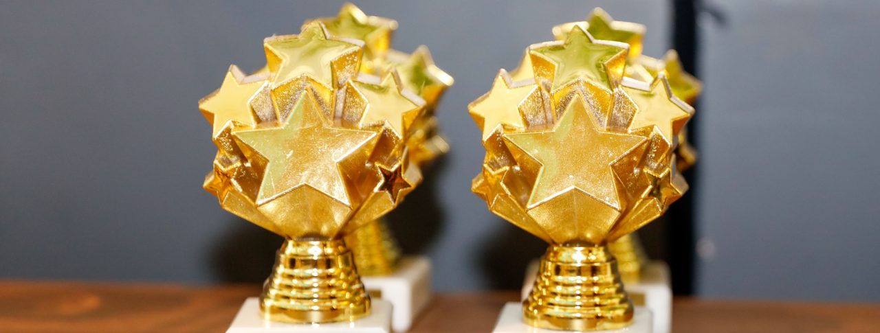 A close up of two Rodney Powell Awards. A trophy made up of different sized, gold stars, clustered together in a circular shape.
