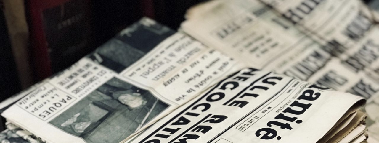 A stack of old black and white newspapers, tied up with string.