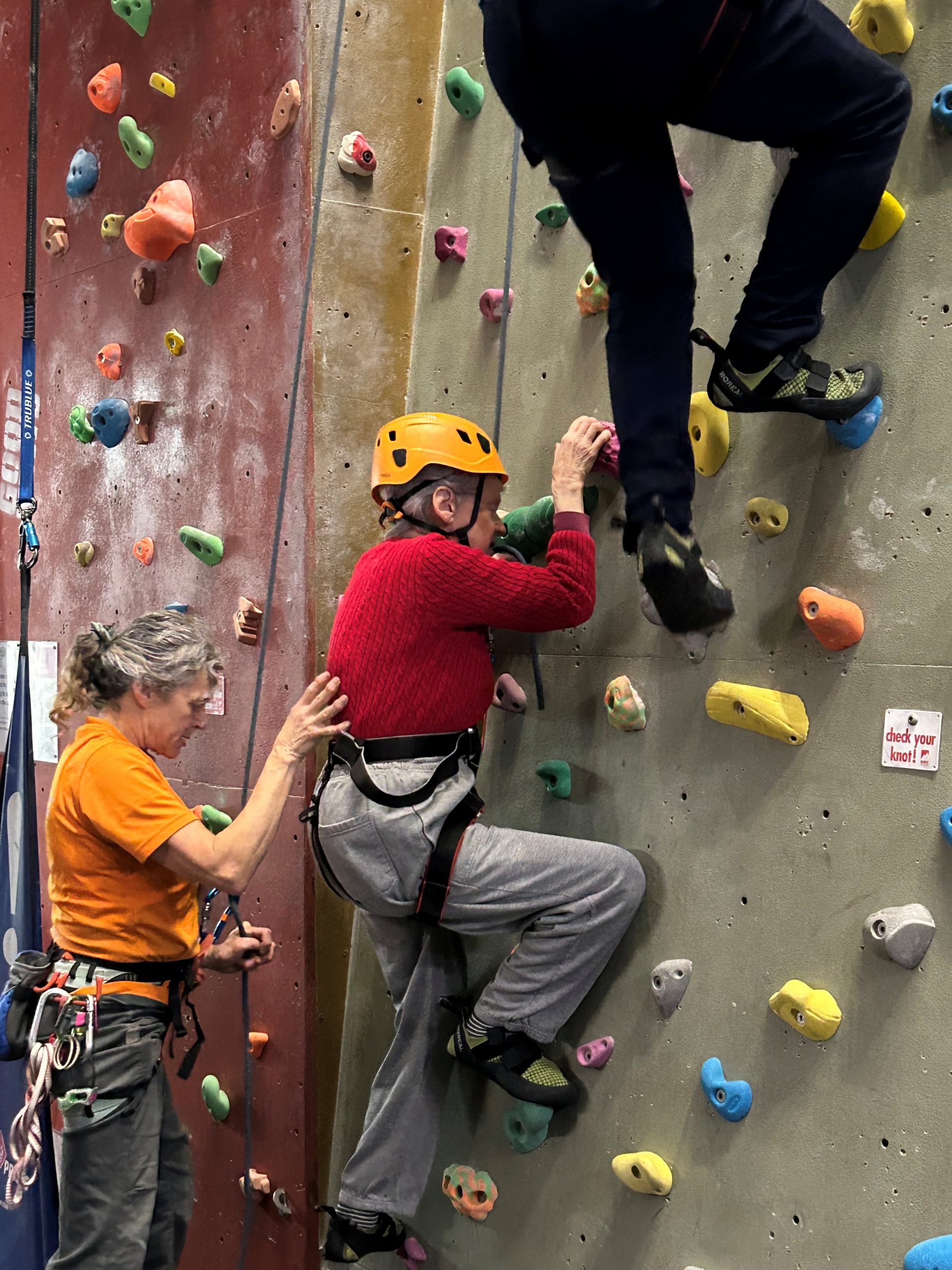 Eleanor Tew, Trustee at My Sight York, being helped onto the climbing wall.