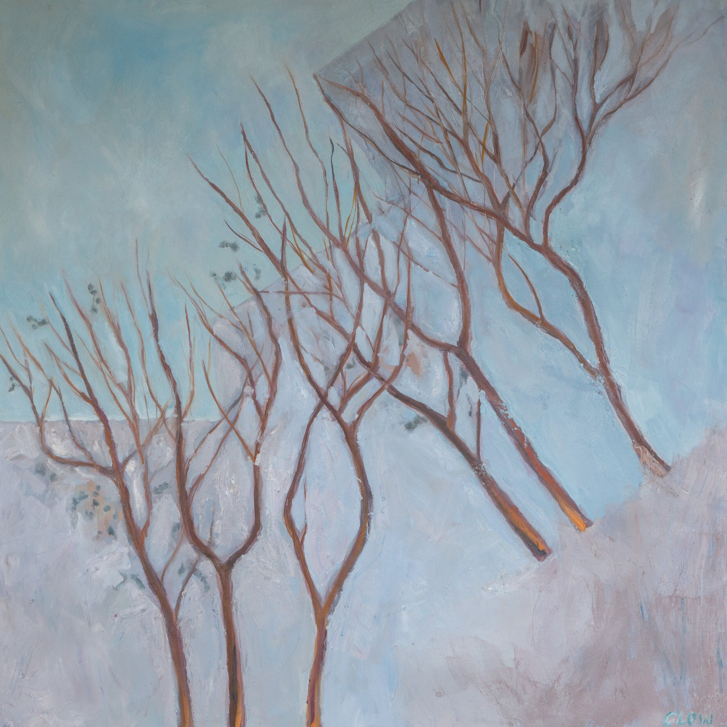 The image depicts a painting featuring several leafless trees against a blue sky. There are two distinct sets of trees, highlighting double vision. The trees are rendered in various shades of brown, with branches that extend upwards. The sky is painted in a gradient of blue, transitioning from a lighter shade at the top to a darker shade near the horizon. There is a hint of pinkish hue on the right side of the painting, adding a touch of warmth to the otherwise cool colour palette. 