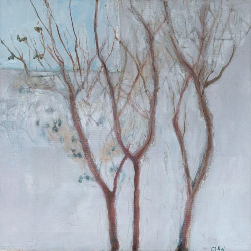 The picture depicts an abstract painting featuring three trees. The painting is in a vertical format, with a blue-grey background that seems to represent a sky or horizon. The trees are painted in varying shades of brown, with some branches highlighted in lighter tones. There are also hints of green and yellow, suggesting the presence of foliage. The overall effect is one of tranquillity and serenity. 