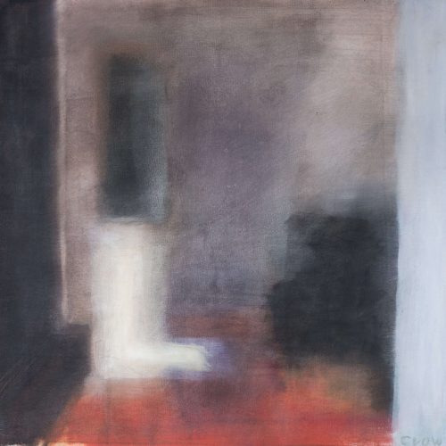 The image depicts a blurred scene, which appears to be an abstract painting. It features a mixture of colours and shapes, with a focus on the interplay of light and shadow. The painting shows a dimly lit room with various shades of grey, black, and red. The room appears to be empty, with no distinct objects or furniture visible. The overall atmosphere of the painting is mysterious and enigmatic, inviting the viewer to explore the depths of its abstract forms and colours. 