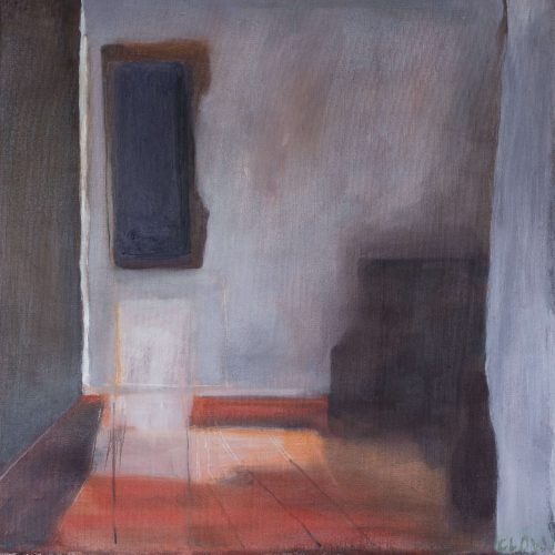 The picture depicts a narrow hallway or room. It features a wooden floor and white walls. There is a rectangular object painted in front of the wall on the right, possibly a piece of dark furniture or a shadow. Towards the left of the image and on the back wall of the room is a rectangular shape which could be an open window.  