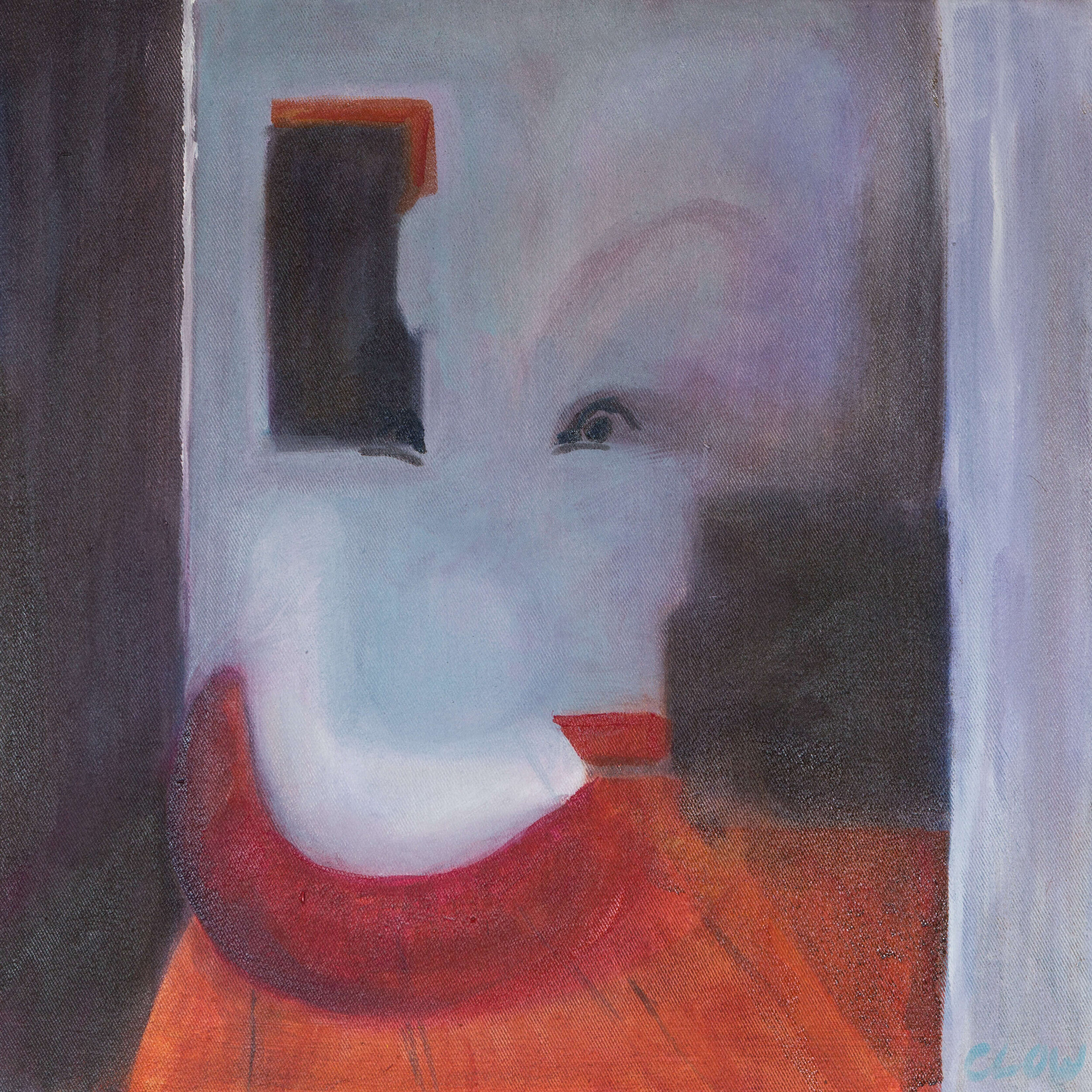 The image features an abstract painting with a central figure. The figure is predominantly white, with red and orange elements around it. The background is a blend of grey and blue tones with a black rectangular shape near the top left corner, this is possibly a window. The face seems to resemble that of a clown with a large red smile, the face is slightly obscured and is possibly looking through the door of the room towards the viewer.  