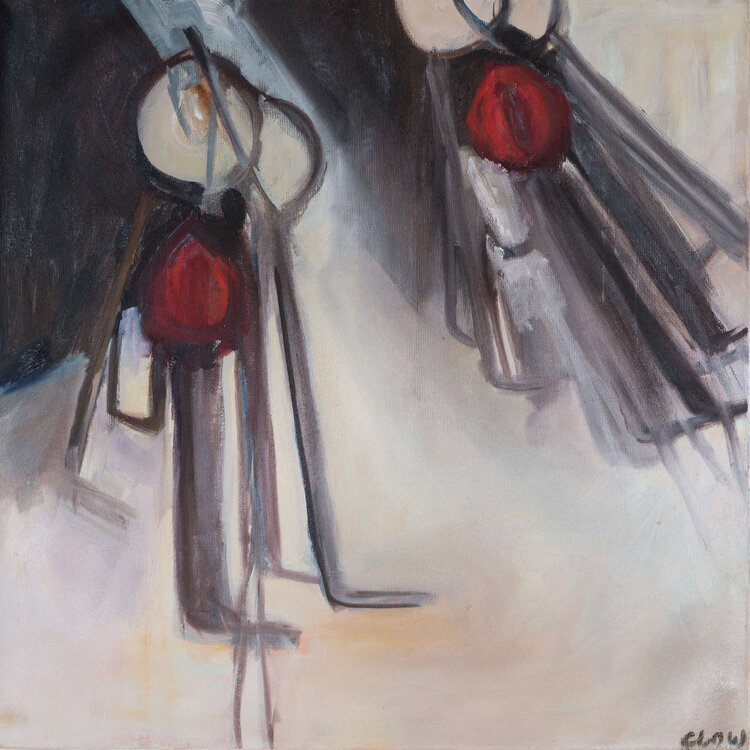 The image depicts a painting that features two clusters of objects suspended from a hook next to each other. The cluster on the right is slightly higher than the one on the left, highlighting double vision. The objects are painted in various shades of black, grey, and brown, with a prominent red object in the centre resembling a ball or float. The background of the painting consists of vertical stripes in shades of grey and cream, resembling a whitewashed wall. The overall colour palette is muted, with a focus on the contrast between the red object and the cooler tones of the background. 
