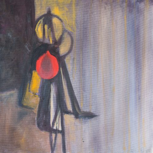 The picture depicts a painting with a minimalist composition. It features a collection of objects arranged in an abstract manner against a muted, light background. The objects include what appears to be a keyring with various Allen keys, a red object resembling a small ball or float, and a series of hanging items that could be tools or equipment. The painting has a soft, almost ethereal quality, with subtle gradients and a lack of sharp lines, contributing to its abstract nature. 