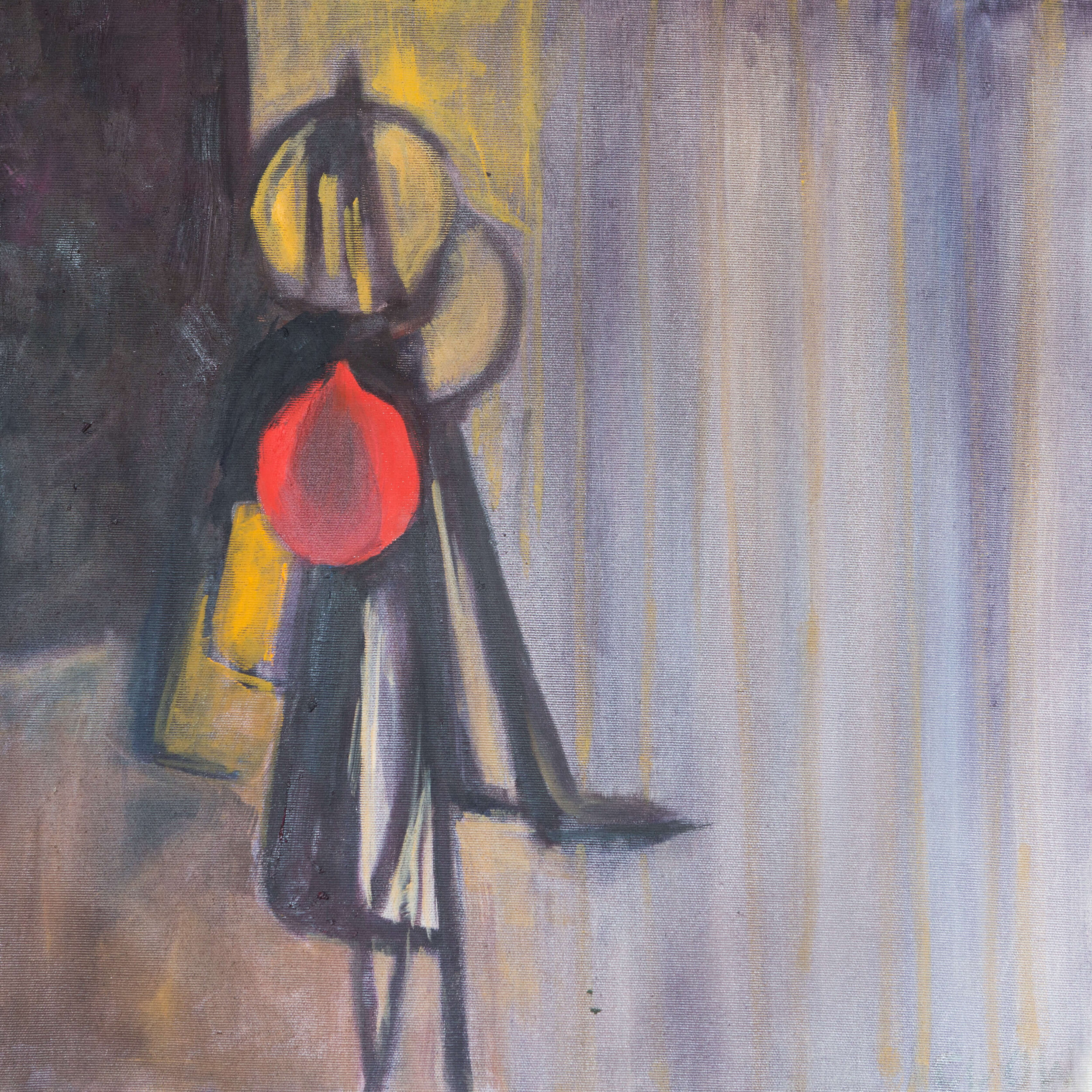 The picture depicts a painting with a minimalist composition. It features a collection of objects arranged in an abstract manner against a muted, light background. The objects include what appears to be a keyring with various Allen keys, a red object resembling a small ball or float, and a series of hanging items that could be tools or equipment. The painting has a soft, almost ethereal quality, with subtle gradients and a lack of sharp lines, contributing to its abstract nature. 
