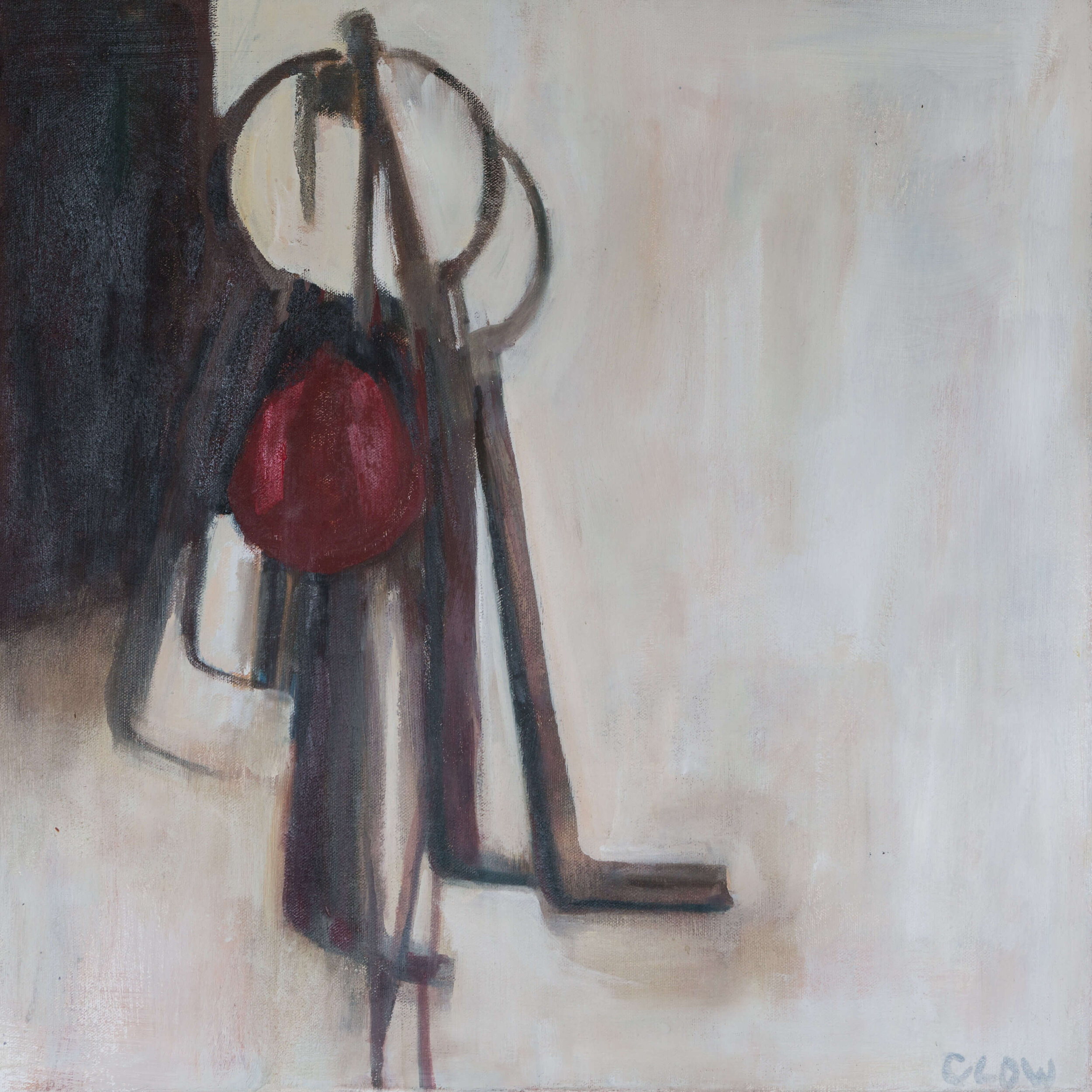 The image depicts a painting that features a cluster of objects suspended from a hook. The objects are painted in various shades of black, grey, and yellow, with a prominent red object in the centre resembling a ball or float. The background of the painting consists of vertical stripes in shades of grey and blue, suggesting a curtain or washed painted wall. The overall colour palette is muted, with a focus on the contrast between the red object and the cooler tones of the background. 