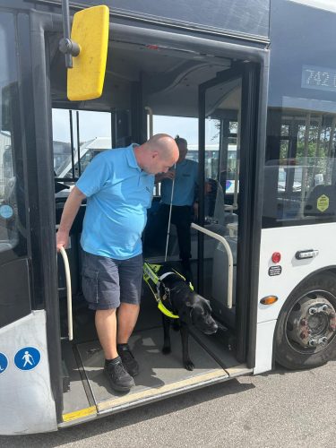 Merseyside SLC member Mick pictured getting off a bus with guide dog Kip. Mick is wearing a light blue polo shirt and dark coloured shorts.