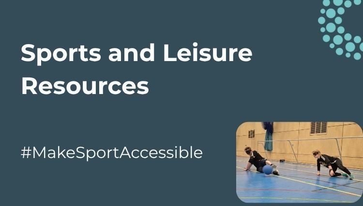 Dark navy banner that reads, "Sports and Leisure Resources" in a bold, large white font. At the bottom, in white text, it reads "#MakeSportsAccessible" while an image of two people playing a sport adorns the right side of the banner. A part of the SLC logo adorns the top right corner.