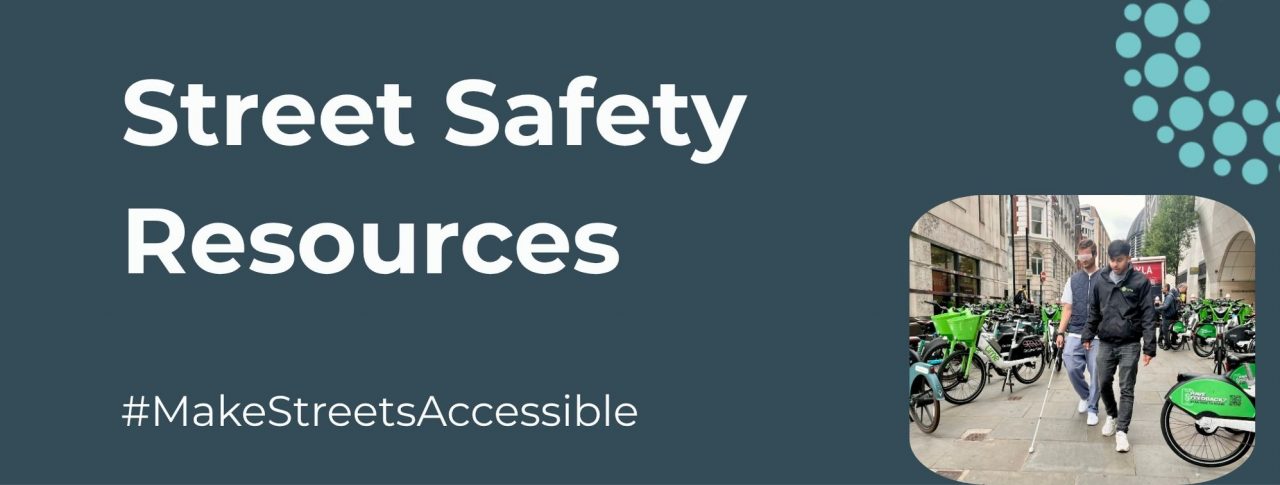 A dark navy banner reads "Sports Safety Resources" in a bold, large white font. At the bottom, in white text, it reads, "#MakeStreetsAccessible" while an image of a man wearing a visor and using a walking stick is guided by another man who navigates the pair between a host of Lime bikes that cover a large portion of the image on the left and right. A part of the SLC logo adorns the top right corner.