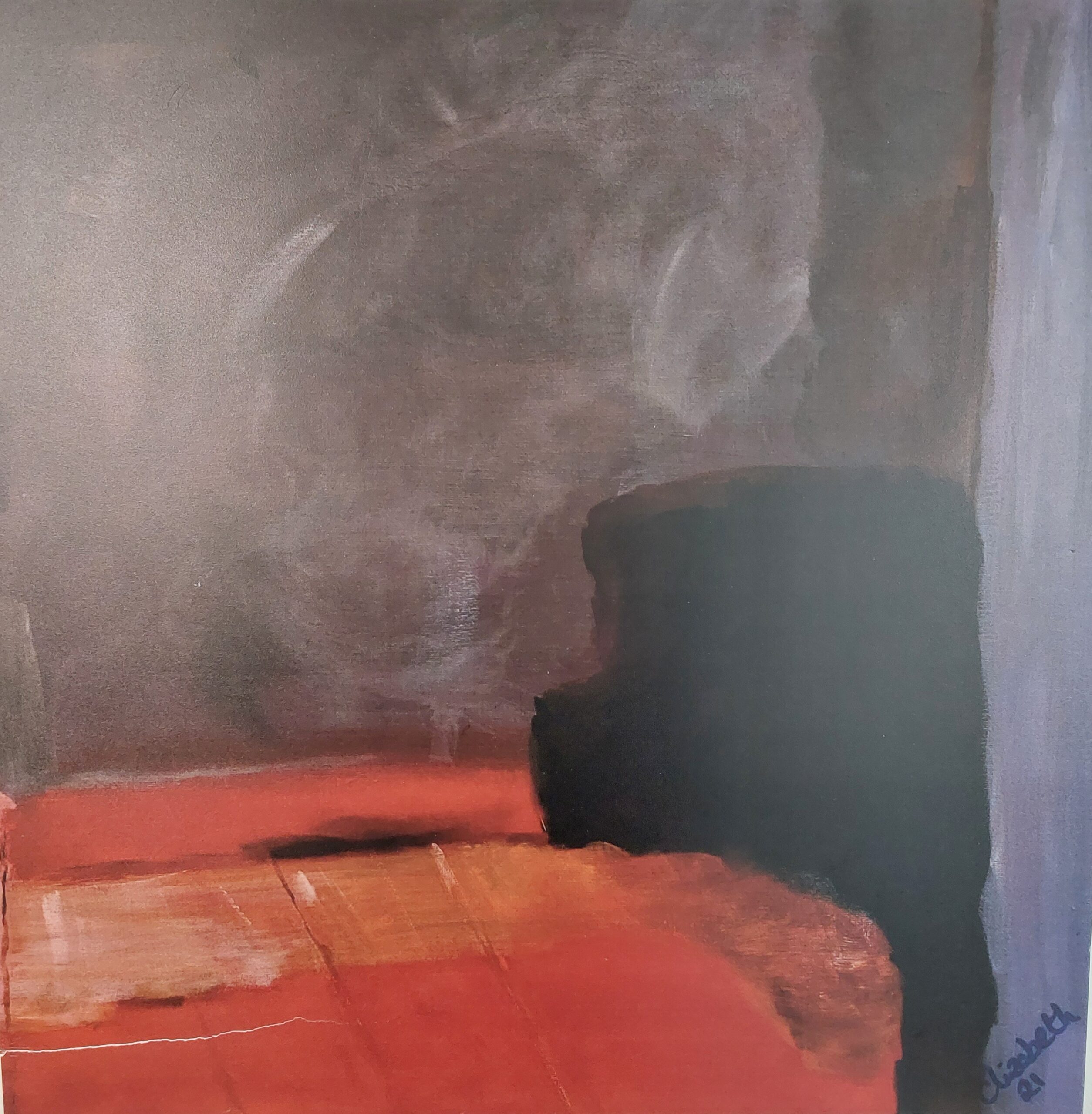 The picture depicts a close-up scene of a room with minimal details. The wall is painted in shades of grey and has a textured appearance, suggesting it might be an abstract representation. There is a piece of furniture, possibly a chair or a stool, painted in dark tones, positioned towards the top right corner near the wall. The floor area is painted in warm orange and red hues, creating a stark contrast with the cooler tones of the wall. The overall atmosphere of the scene is subdued and introspective, inviting the viewer to imagine the space and its purpose.