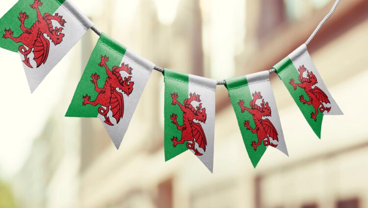 Five Welsh flags hanging from bunting with a blurred street in the background.