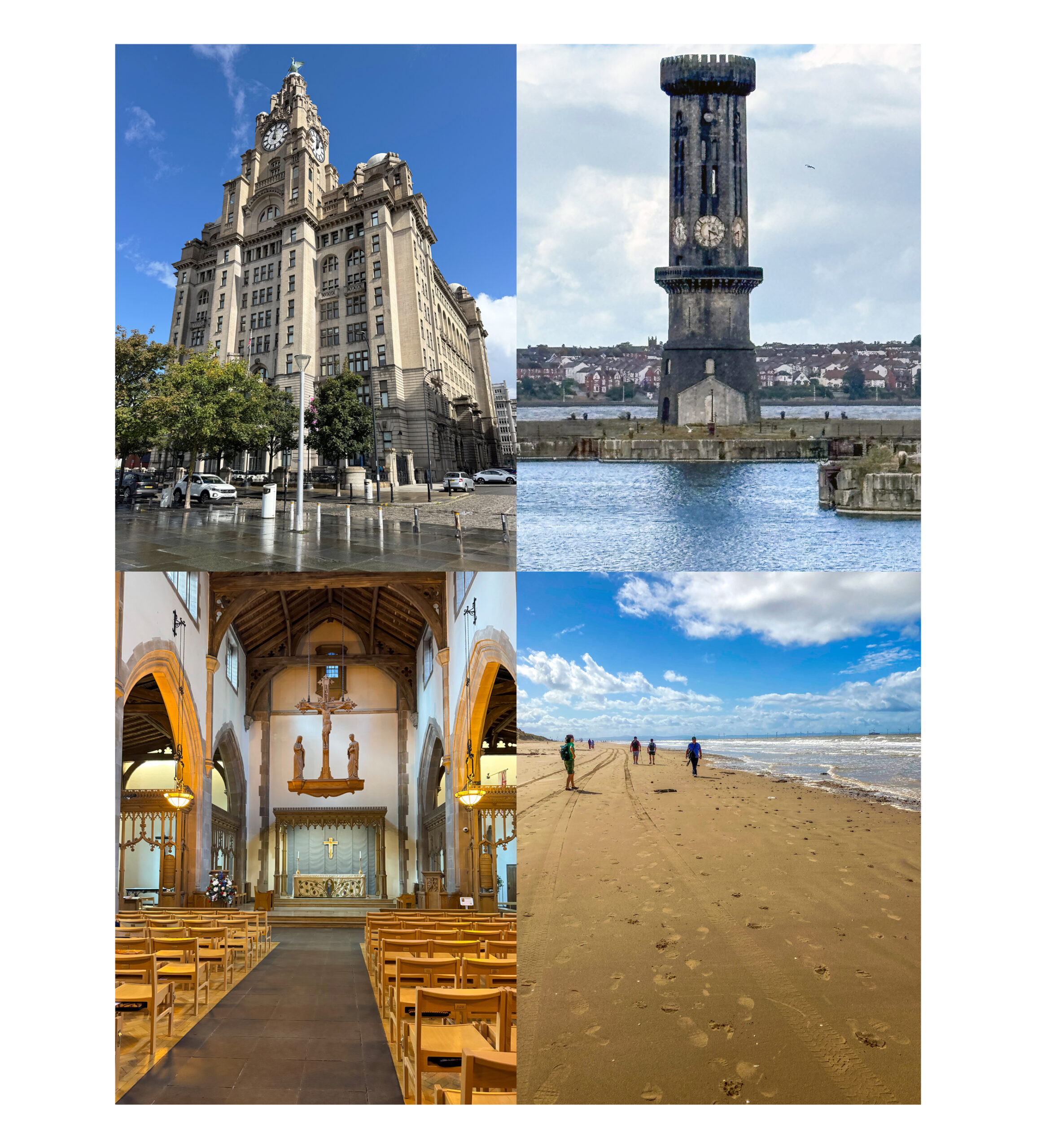 This photo panel is arranged as a four-image grid, showing a collection of scenes photographed by blind and partially sighted people. Together, the images capture architecture, landscape, interior space and movement, reflecting how place is experienced through atmosphere, structure and scale rather than purely visual detail.