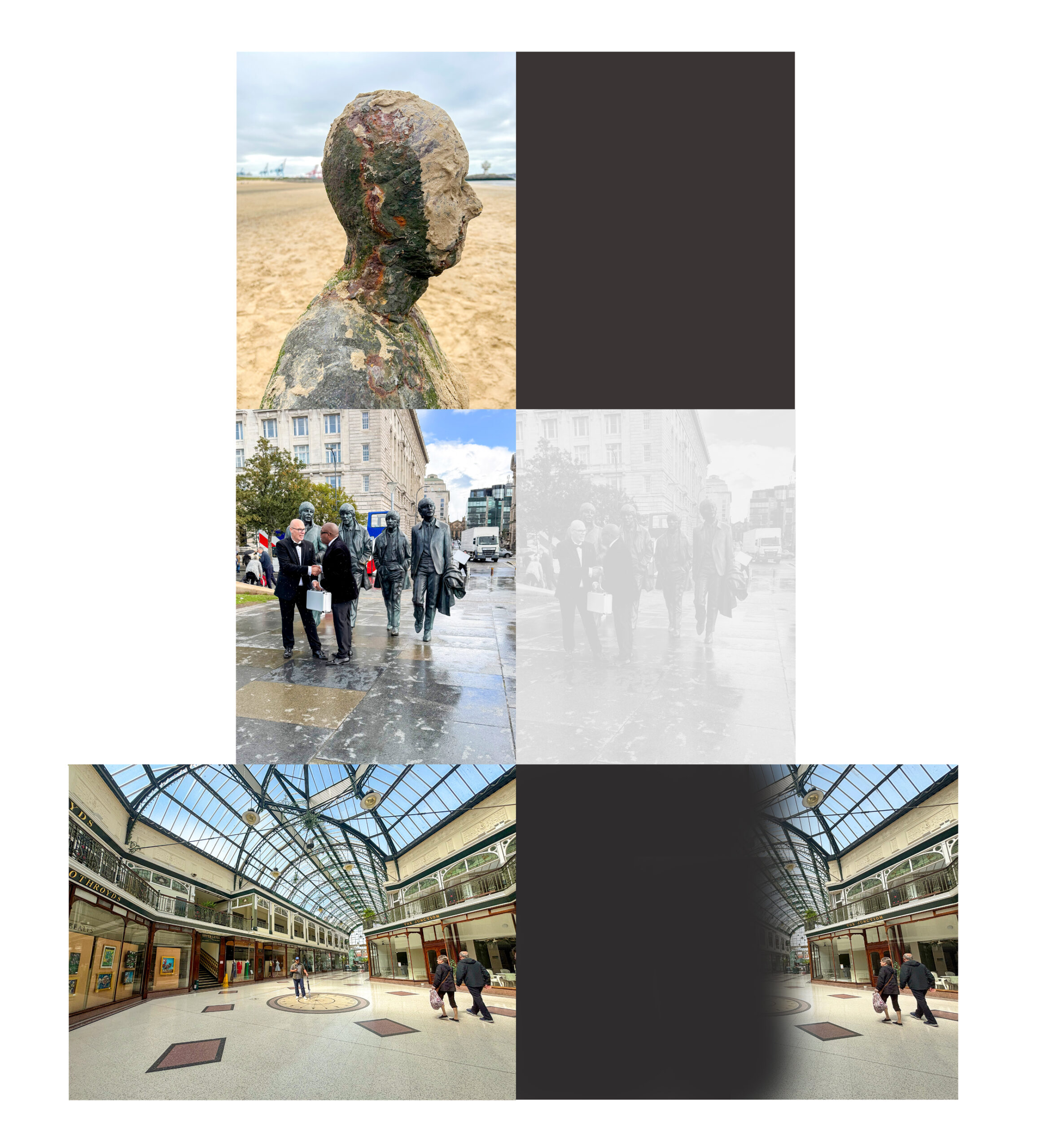 This exhibition panel is presented on a white background and arranged as a series of paired images, showing original photographs alongside altered versions that demonstrate how the same scenes may appear to someone living with sight loss. The images are organised in three horizontal rows, read from top to bottom