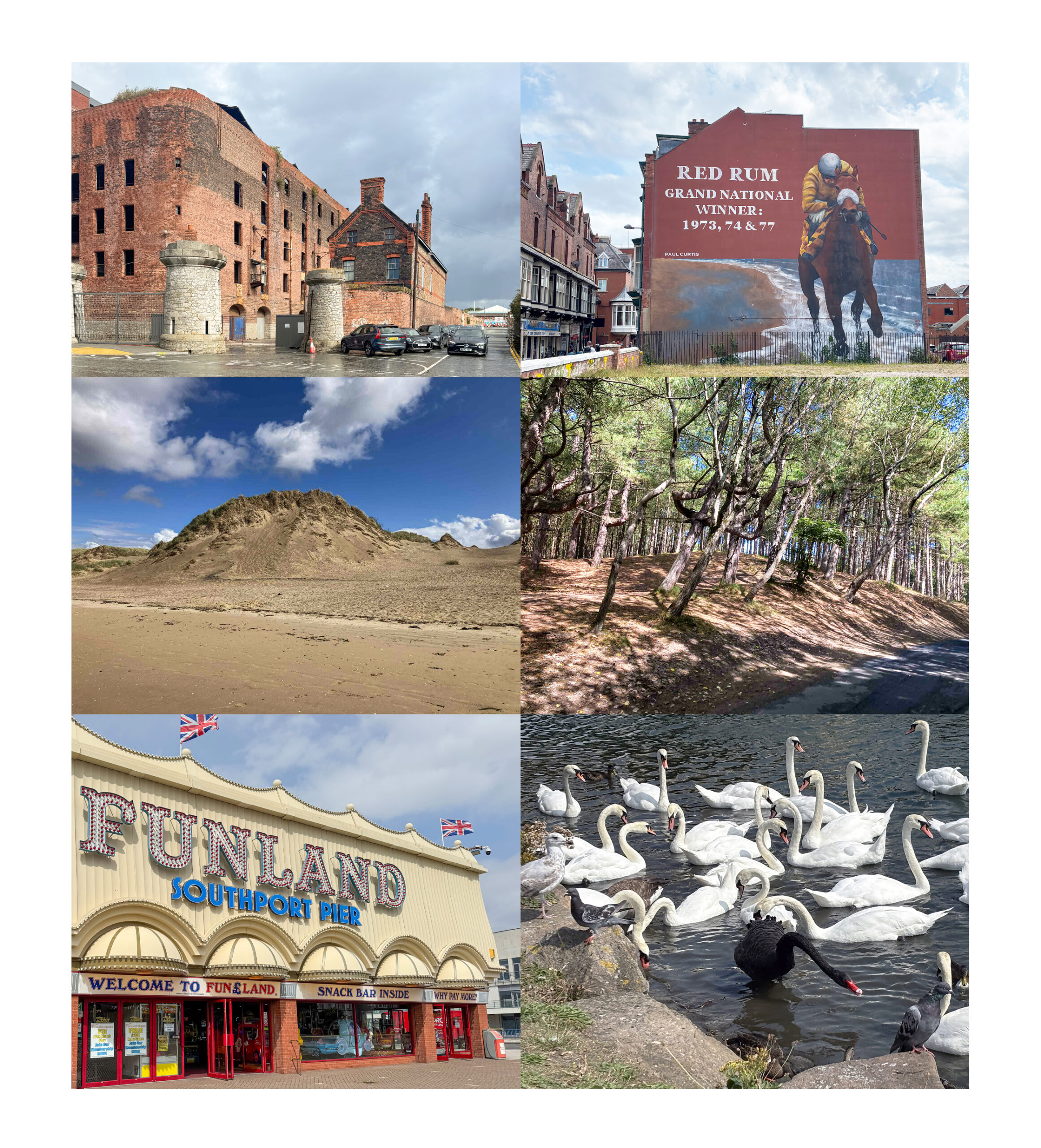 This exhibition panel is arranged in a neat grid of six colour photographs, set against a white background. The images are presented in three rows of two, showing a variety of locations and scenes along the route between Southport and Liverpool. Together, they capture a mix of urban landmarks, coastal paths, leisure spaces, and wildlife.
