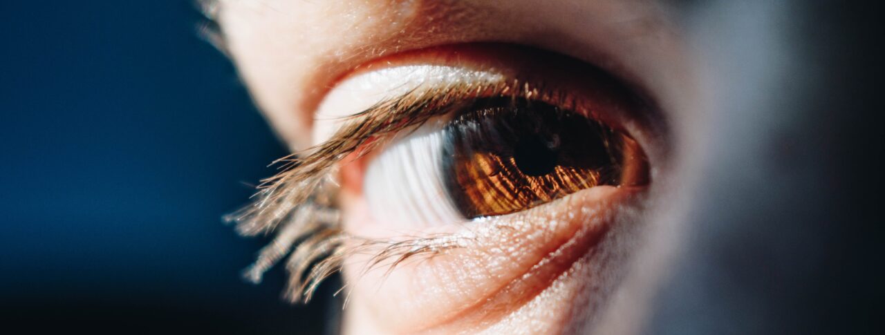 A close-up photograph of a brown eye in bright natural light. The eyelashes and skin texture are sharply detailed, and reflections of light are visible on the surface of the eye.