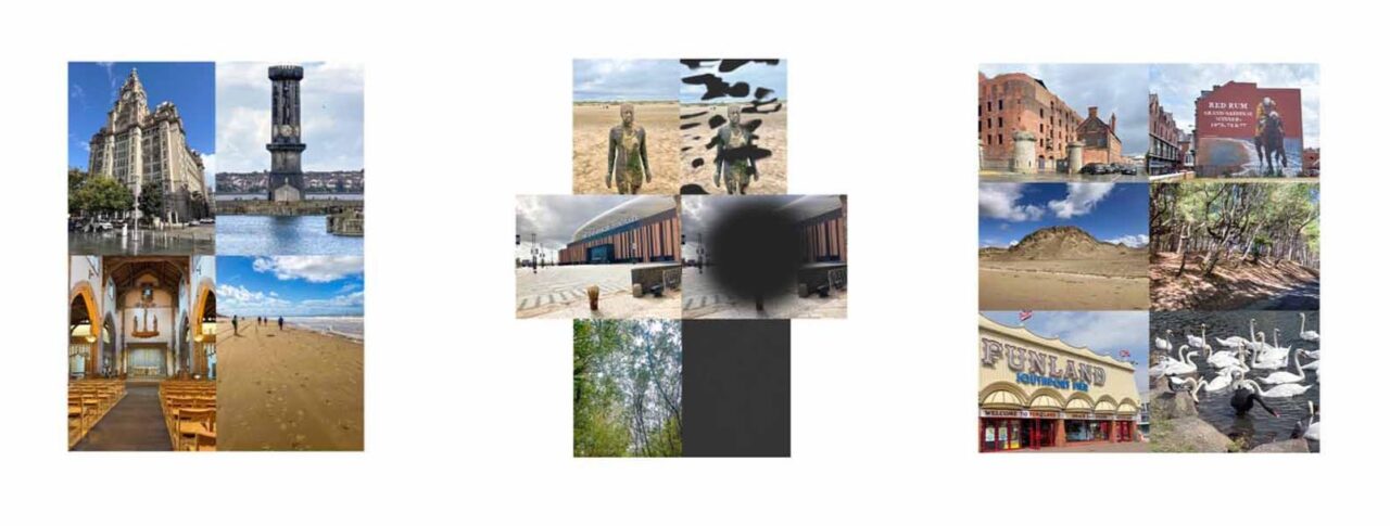A three‑panel collage made up of various landscape and location photos. The left panel shows images including a historic building with ornate towers, a tall monument, the interior of a church with arched ceilings, and a sandy beach with people walking along the shore. The centre panel features images of sculptures of figures standing on a beach, a modern building beside a waterfront, and a wooded path with green trees. The right panel includes photos of old brick buildings, a large red sign at an entrance, a sandy hill under a blue sky, a wooded nature area, a funfair entrance labelled “Funland,” and a group of white birds gathered on the ground.