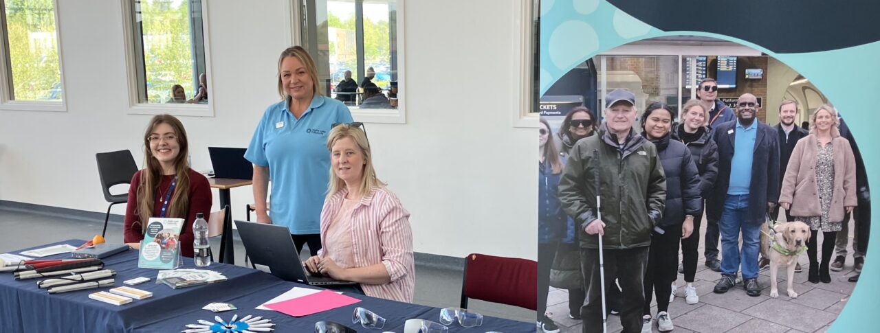 Photo taken at Royal Stoke Hospital during Patient Experience Week. From left to right: Madeleine Roche, Patient and Public Involvement and Engagement Co-ordinator is seated behind an information table, PJ, SLC Coordinator for West Midlands is standing behind the table, and Louise Connop, Senior Engagement Manager for South England, is seated beside a laptop. A SLC banner stands to the right of the group and the table displays information materials and simulation glasses.