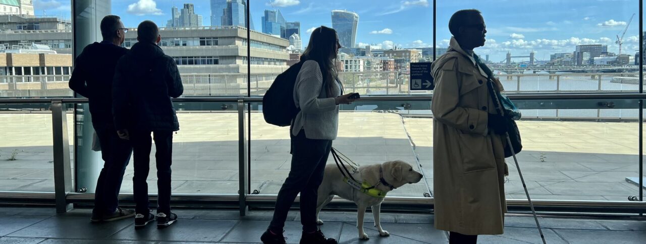 SLC staff and volunteers taking part in an accessibility assessment at London Blackfriars station stand near large windows overlooking the River Thames. One participant is with a guide dog and another uses a long cane as the group explores the station environment as part of the Your Station, Your Community project.