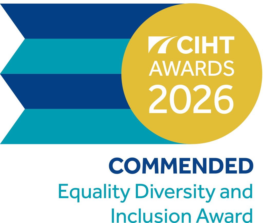 Graphic from the CIHT Awards 2026 featuring a gold circular badge with the text “CIHT Awards 2026”. Below, the graphic reads “Commended – Equality, Diversity and Inclusion Award” in dark blue and teal text. The design includes blue and teal chevron-style shapes on a black background.