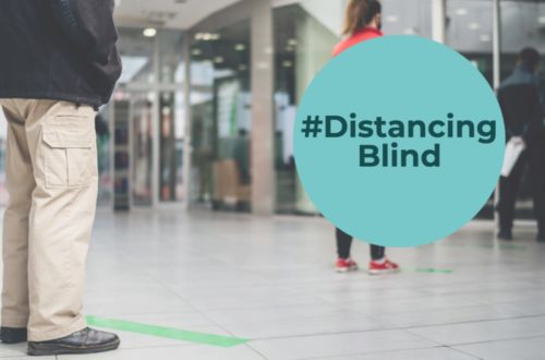 #DistancingBlind banner showing people in queue