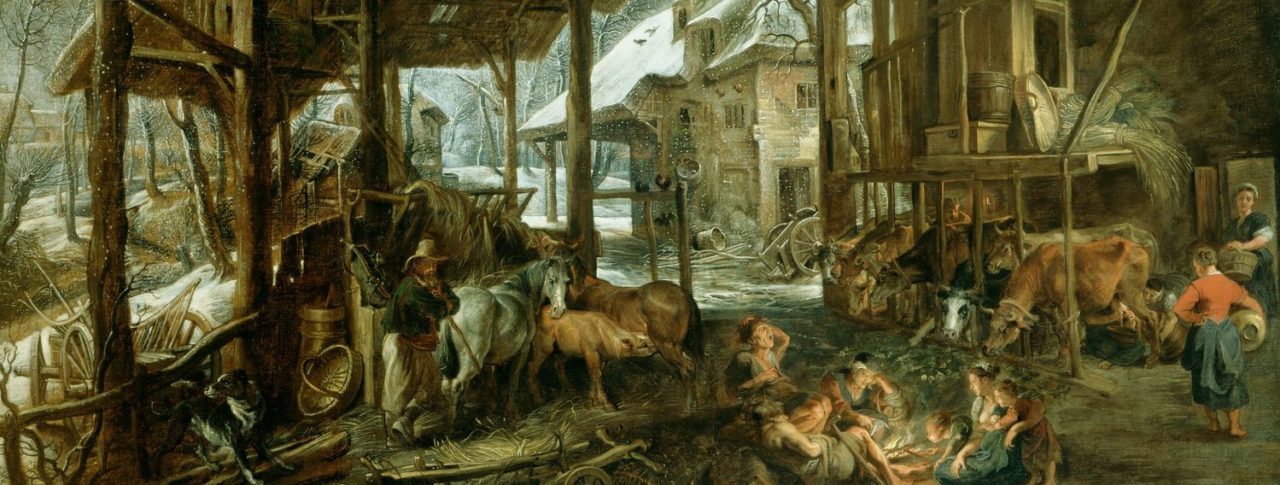 A painting by Rubens depicting a wintry scene of an open barn. A group of people are gathered around a small fire, one man tends to horses and others tend to the cattle which are grazing hay.