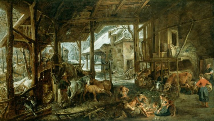 A painting by Rubens depicting a wintry scene of an open barn. A group of people are gathered around a small fire, one man tends to horses and others tend to the cattle which are grazing hay.