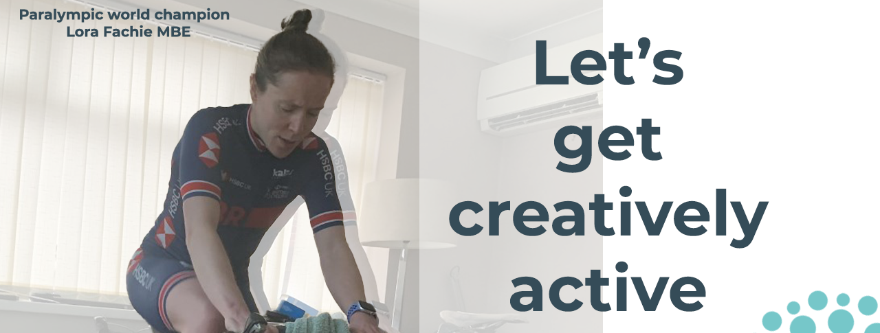 Let's get creatively active banner featuring Lora riding a stationary racing bike