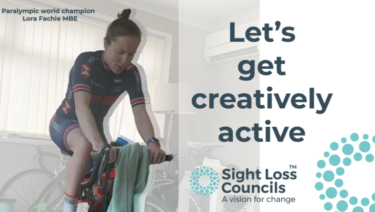 Let's get creatively active banner featuring Lora riding a stationary racing bike