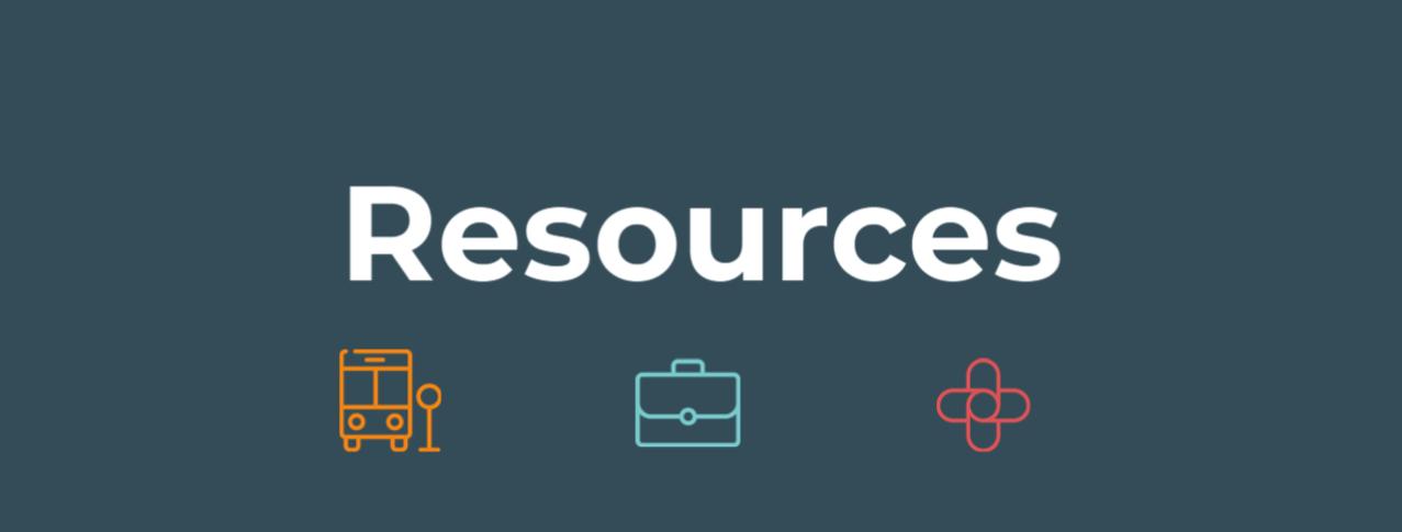 Resources, bus icon, briefcase icon and health icon.