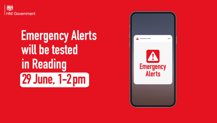 Red banner with HM Government logo and a mobile phone reads Emergency Alerts will be tested in Reading 29 June, 1-2pm