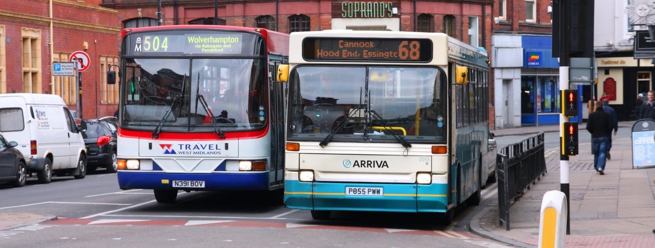 two buses parked side by side on a road in Wolverhampton