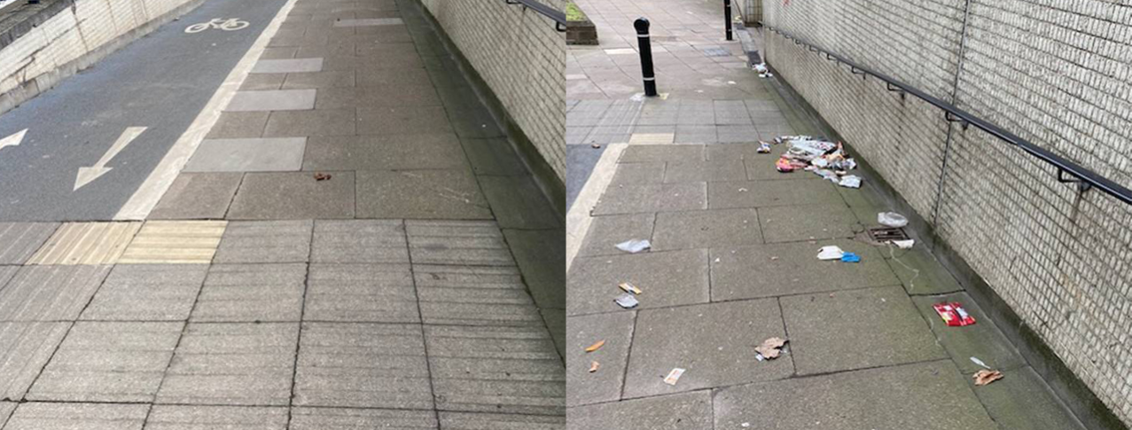 two images side by side, depict the before an after of a stretch of pavement. On the right side, the pavement is covered in litter and broken glass. On the left, the same stretch of pavement is completely clear.