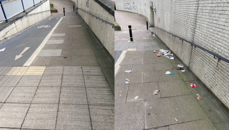 two images side by side, depict the before an after of a stretch of pavement. On the right side, the pavement is covered in litter and broken glass. On the left, the same stretch of pavement is completely clear.