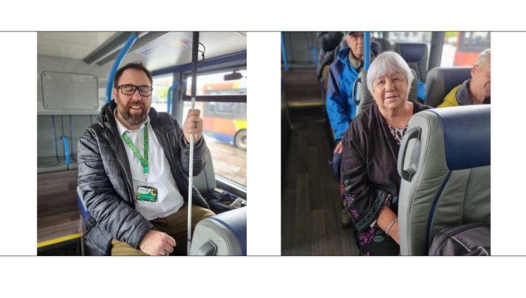 Two photos side by side of two different Meet the Bus event attendees sat on a bus.