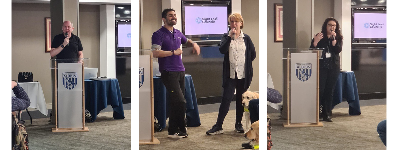 three separate images of different hosts addressing conference room