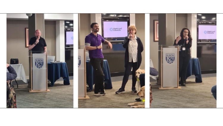 Three separate images of speakers addressing conference room