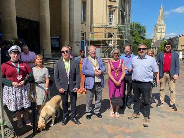 Representatives from Gloucester City Council join Gloucestershire Sight Loss Council to take a tour of the city wearing simulation glasses. This is to experience the challenges faced by people with visual impairments. 