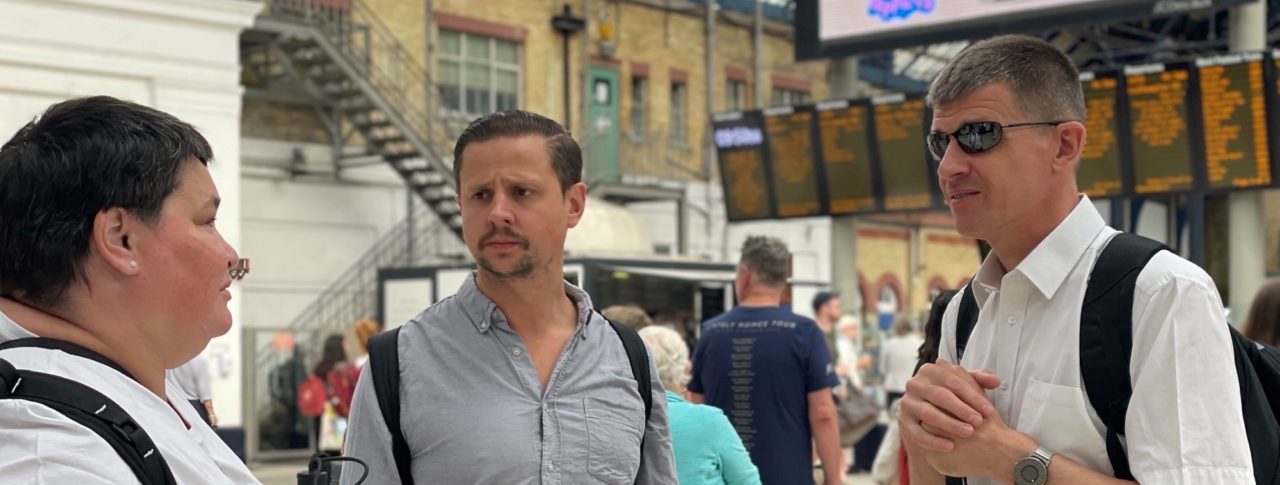 East Sussex Sight Loss Council member pictured with Engagement Manager Dave Smith at Brighton train station on a sim specs walk.