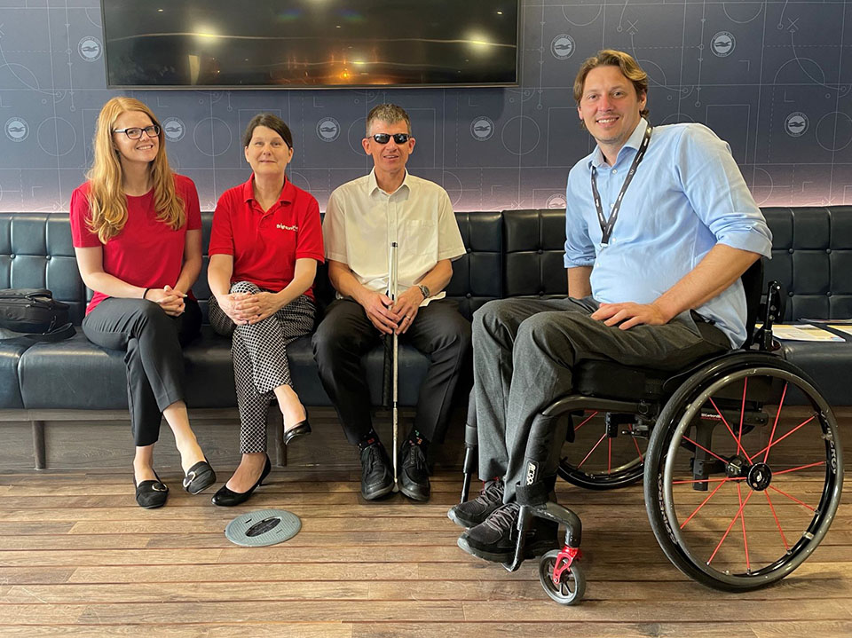 Guest Speakers with our Sight Loss Council (SLC) Engagement Manager. Pictured from left to right: Sam Hart, Victoria Harris (Brighton & Hove Buses), David Smith (East Sussex SLC Manager) and Carl Martin (Govia Thameslink Railways).