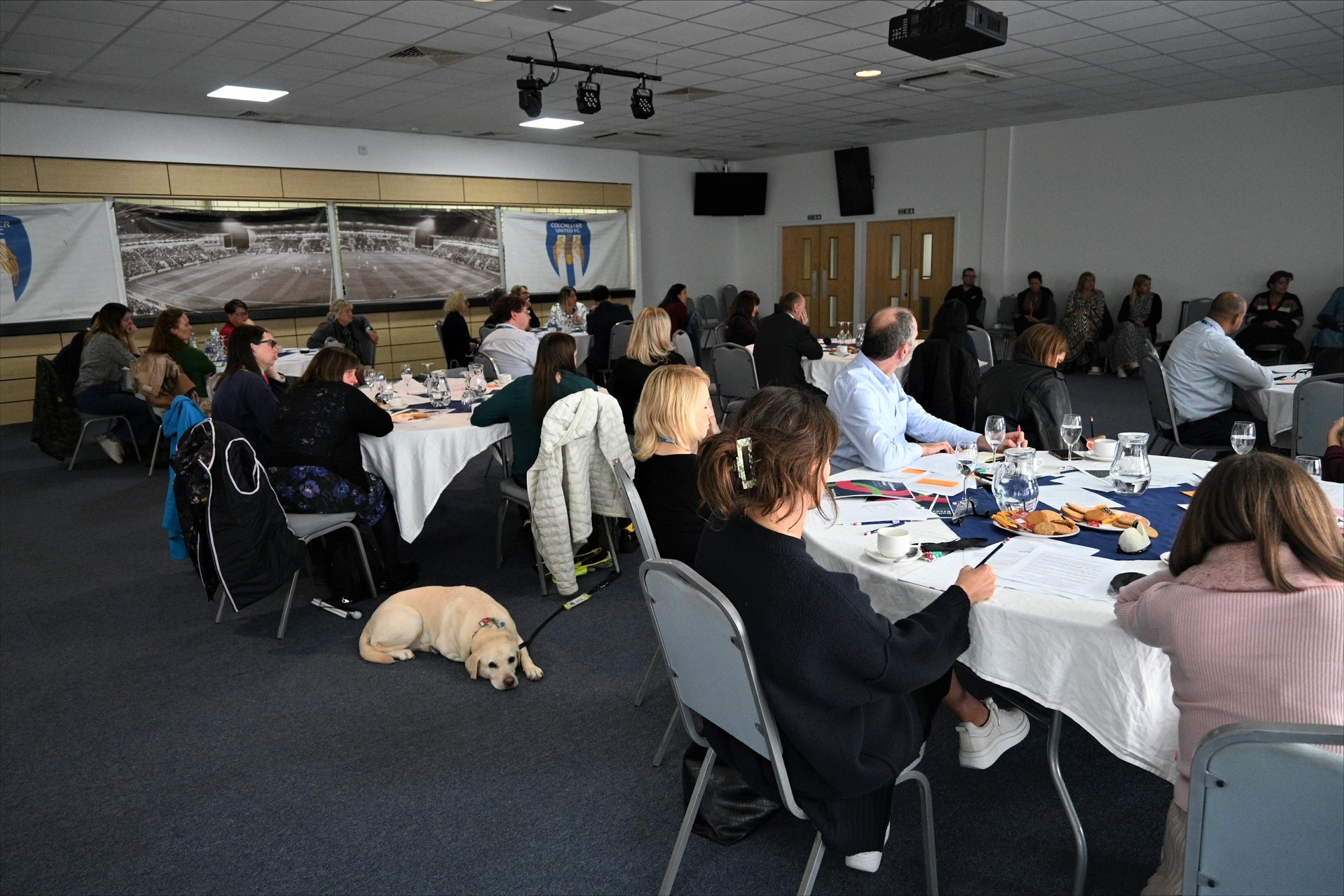 Image shows delegates sitting at tables, listening to guest speakers