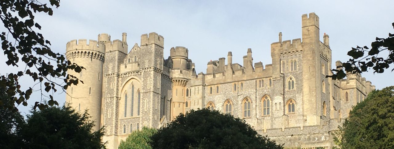 Landscape image of Arundel Castle in the distance. Image shows some trees and hedges in the forefront of the picture.