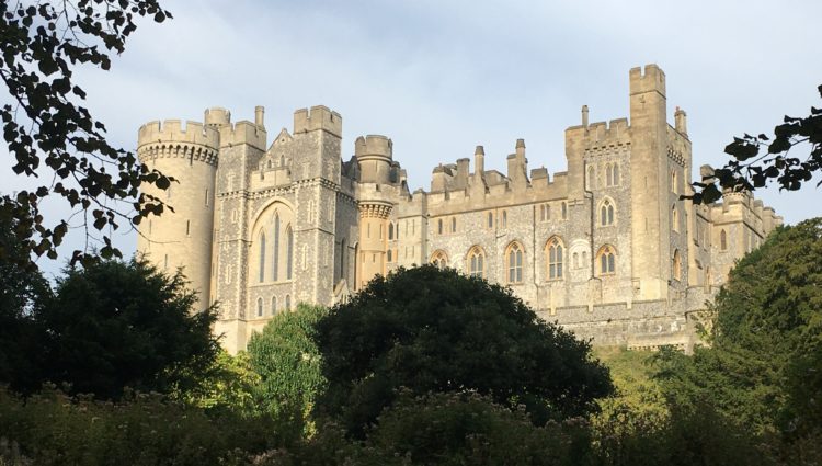 Landscape image of Arundel Castle in the distance. Image shows some trees and hedges in the forefront of the picture.