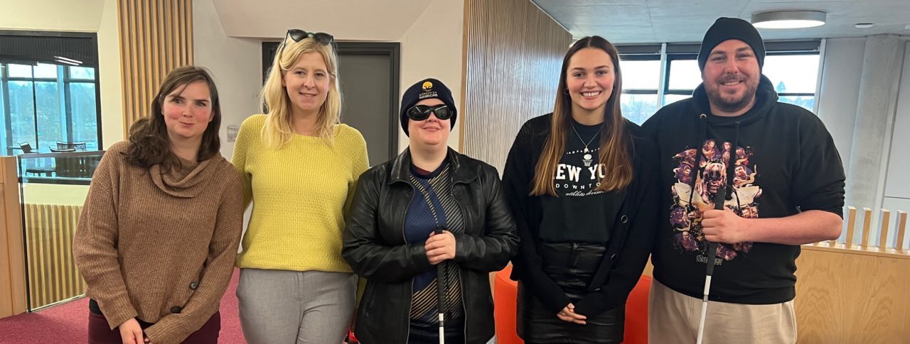 Worcester SLC launch meeting. From left to right: Laura Tambin and guide dog Rose, Engagement manager Louise Connop, Millie Hayter, SLC coordinator Ashleigh Bryant, and SLC member, Edward Jackson.