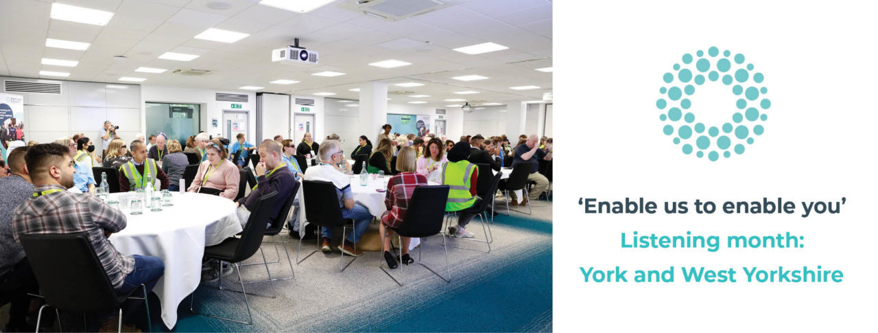 A banner image which shows a picture of delegates at the SLC conference, sitting around tables, talking. To the right, a white test box shows the Listening Month campaign logo which has our light blue logo of circular dots. Under this, the writing: 'Enable us to enable you'. Listening month: York and West Yorkshire.